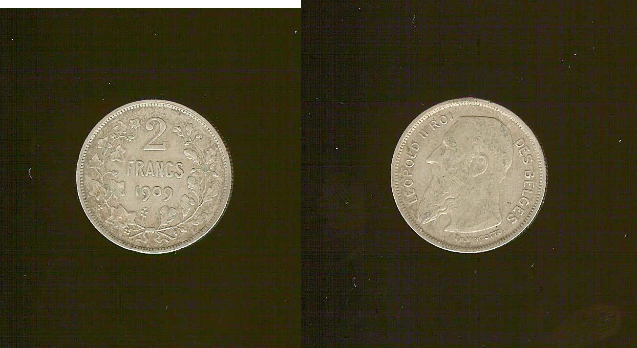 BELGIQUE 2 Francs Léopold II légende française 1909 TB+ à TTB